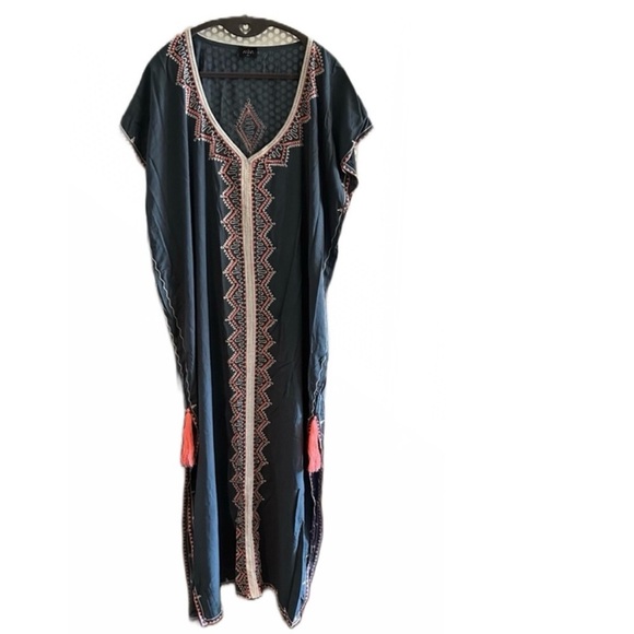 Style Park Kaftan One Size Teal with embroidered Aztec details and tassels - Picture 1 of 7